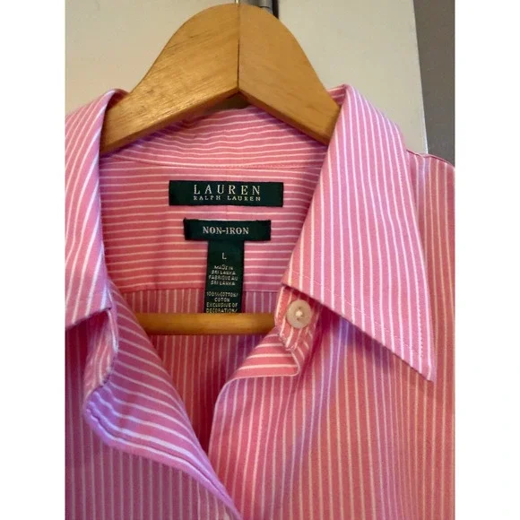 Wm LRL Lauren Ralph Lauren Pink and White Striped L No Iron Button Down Shirt - Picture 6 of 10